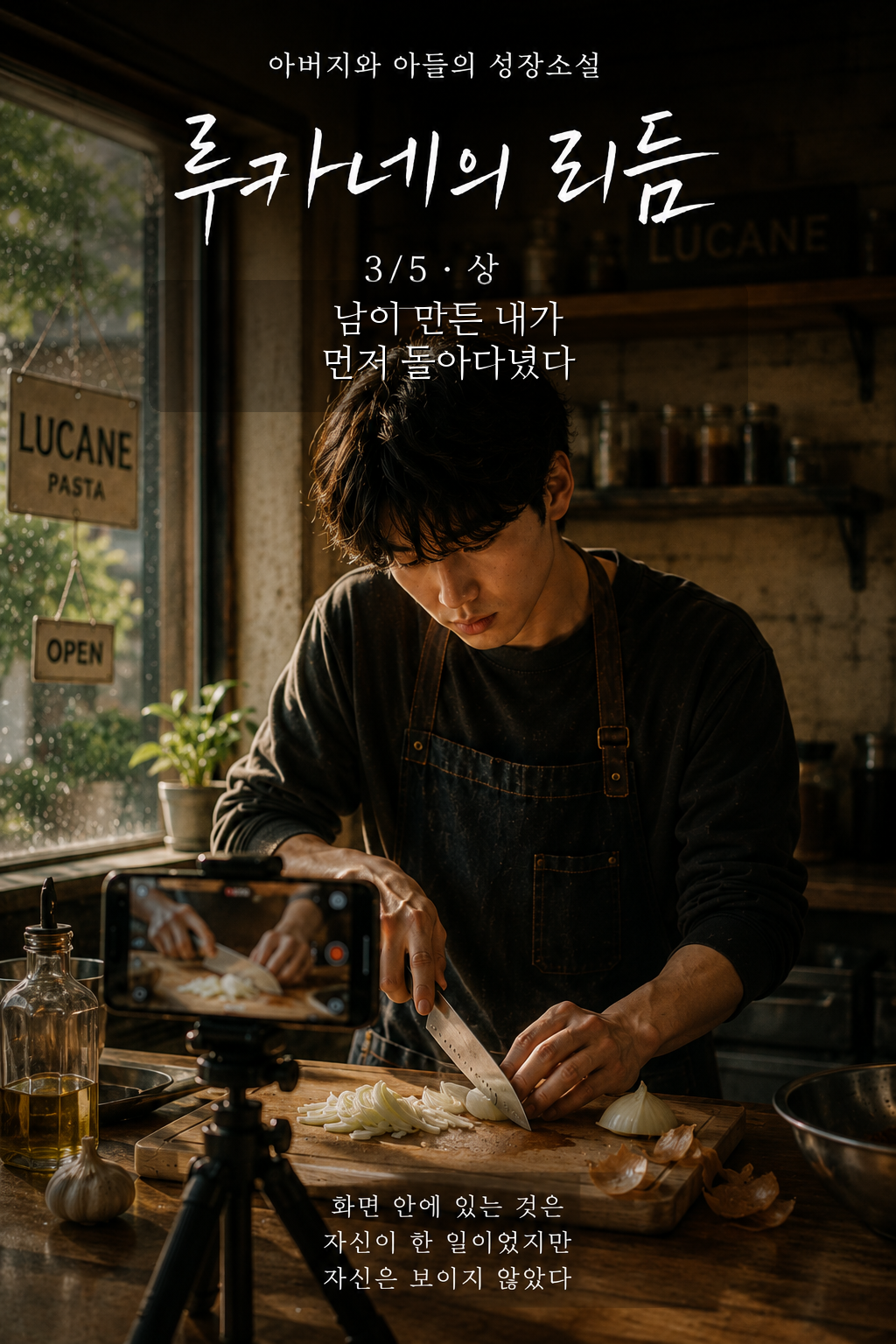 A teenage boy in a dark apron slices onions in a warmly lit family pasta kitchen while a smartphone on a tripod records only his hands and cooking. The cover represents Part 3-1 of “Lucane’s Rhythm,” showing Ian beginning to question the version of himself seen online when his work is visible but he himself is not.