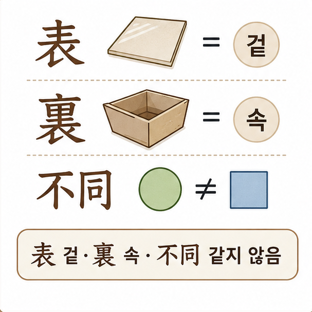 표는 겉, 리는 속, 부동은 같지 않음을 나타낸 표리부동 한자 풀이