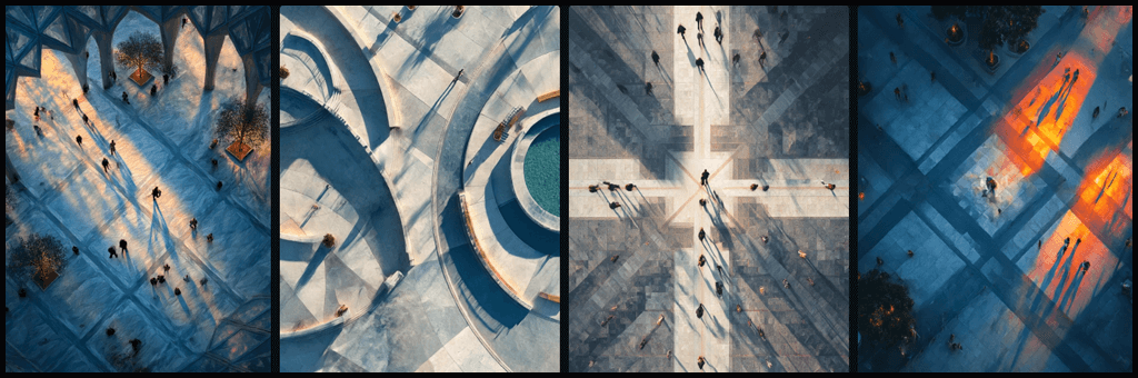 top-down 시점과 조명이 조화를 이룬 플라자 장면 Midjourney 이미지