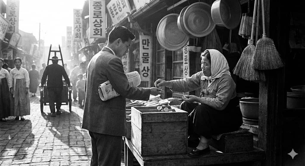 1966년 병오년 서울 시장 골목에서 10원짜리 동전으로 거래하는 상인과 손님 흑백 사진