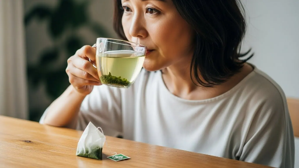 식탁에서 중년 여성이 녹차를 마시고 있고, 식탁 위 접시에 다 먹은 녹차 티백이 놓여 있음