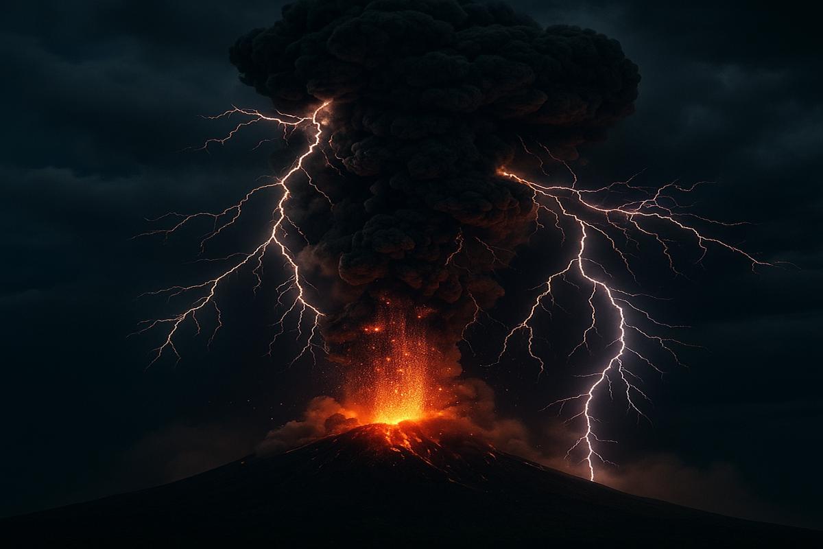 화산번개가 동반된 야간 화산 폭발 장면, 화산재 기둥과 전기 방전 현상이 포착된 모습