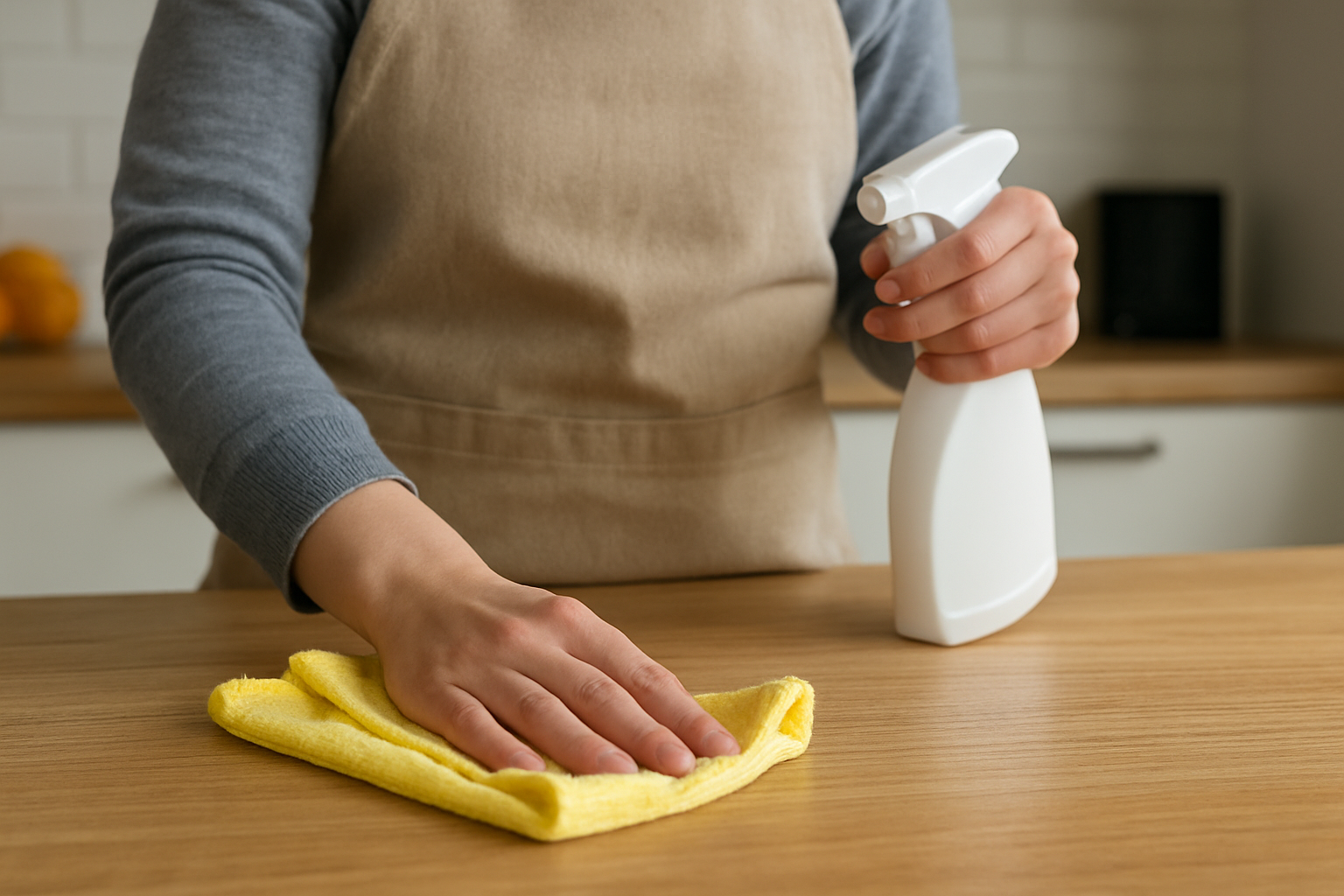 목재 싱크대 상판을 한 사람이 부드러운 천으로 닦고 있는 모습이 담겨 있으며 깔끔하고 청결한 주방 관리의 느낌을 강조하는 장면