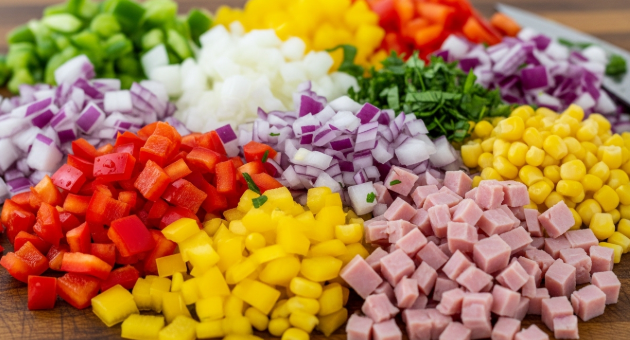 도마 위에 다진 양파, 피망, 햄, 옥수수 콘 등 알록달록한 토핑 재료들