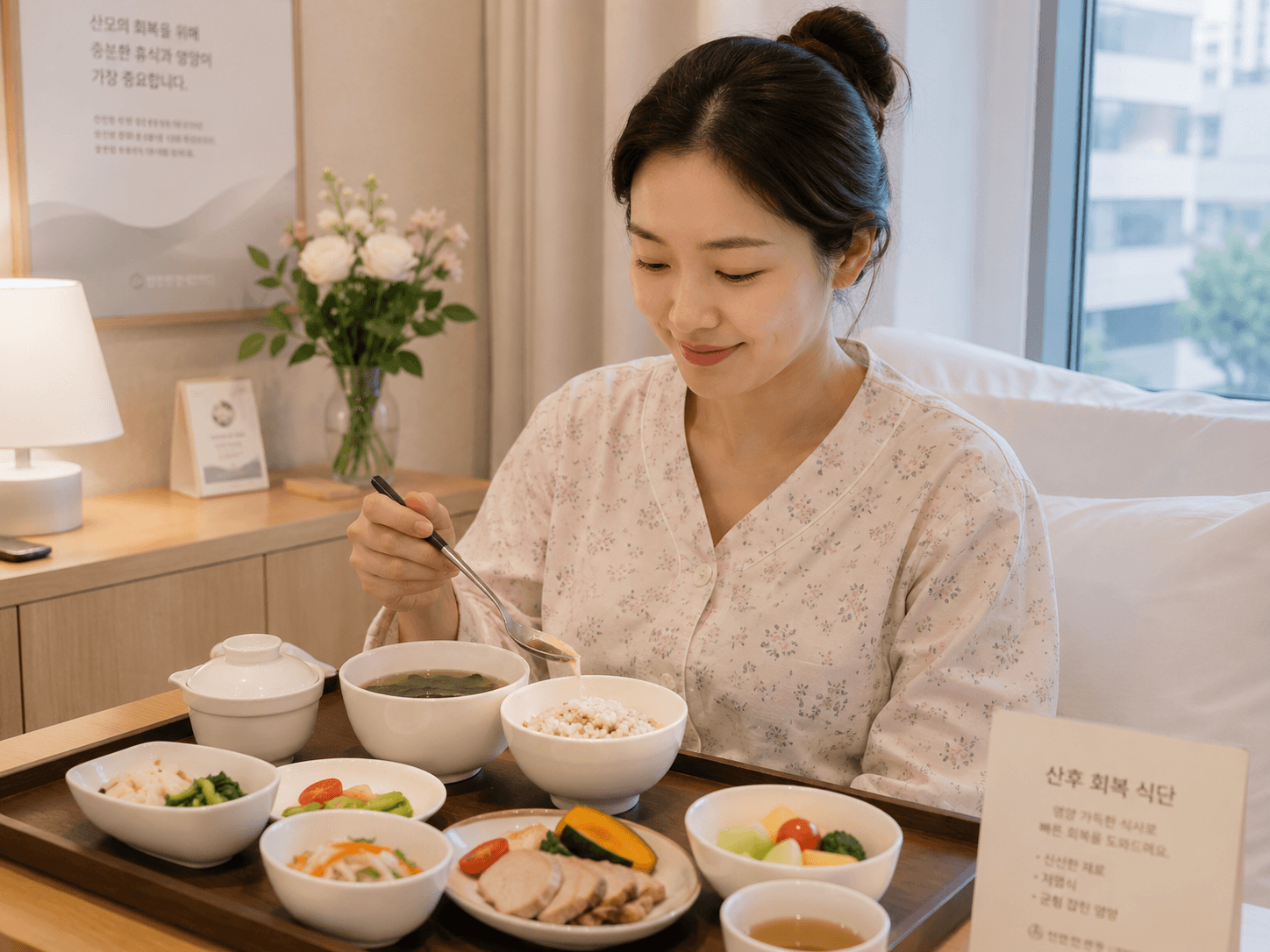 산후조리원에서 건강한 식사를 하는 모습