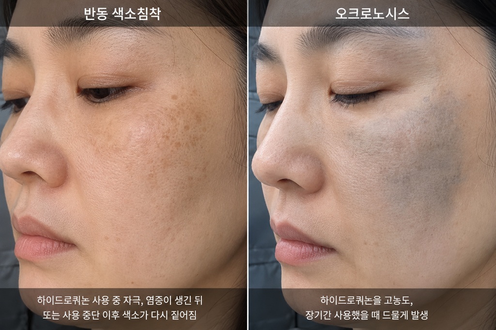 하이드로퀴논 사용 후 나타날 수 있는 반동 색소침착과 오크로노시스 피부 색 변화 차이 비교

이미지 설명