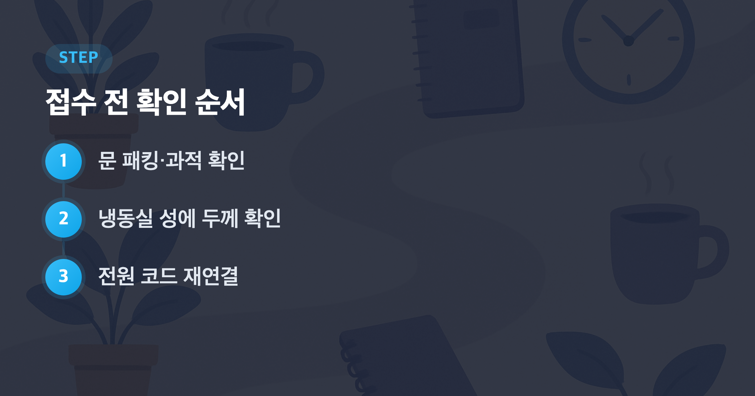 접수 전 확인 순서: 문 패킹·과적 확인, 냉동실 성에 두께 확인, 전원 코드 재연결