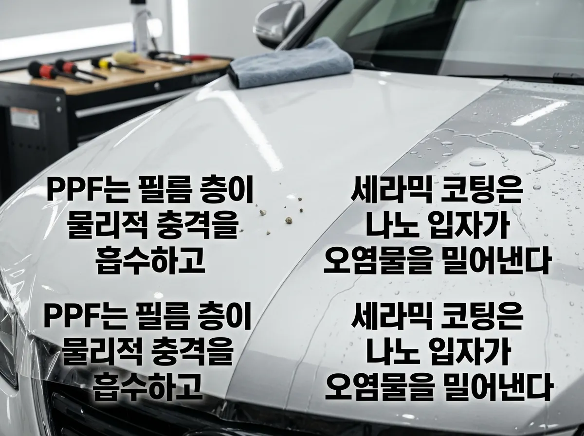 PPF 필름과 세라믹 코팅이 적용된 자동차 보닛 표면을 나란히 비교하는 모습