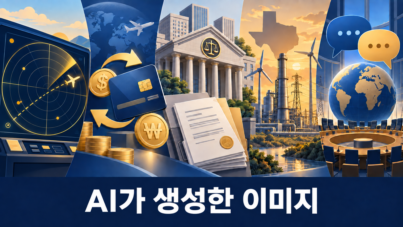 국제외교, 북한 미사일, 대미 투자, 공소청, 해외 카드 환불을 상징한 점심 뉴스 개념 일러스트