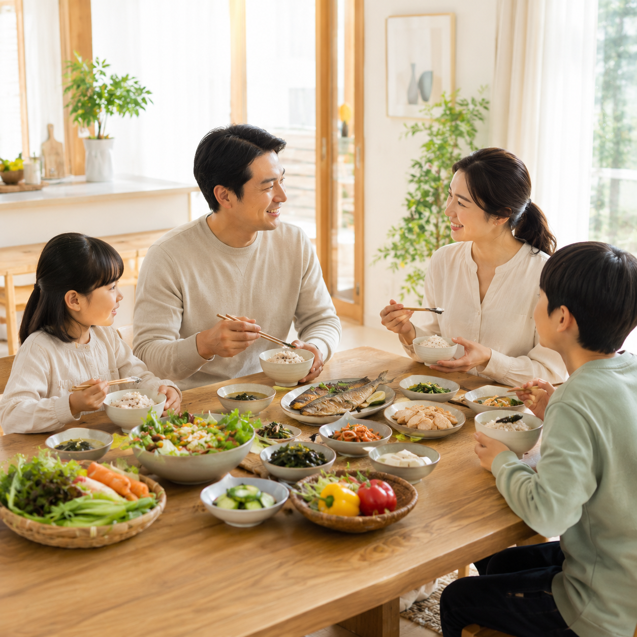 천천히 식사하며 건강한 식습관을 실천하는 가족의 모습