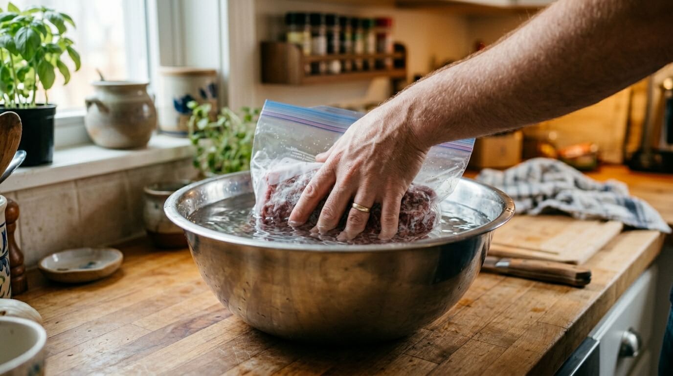 냉동 고기 미지근한 물 빠른 해동법 비닐팩 담그기