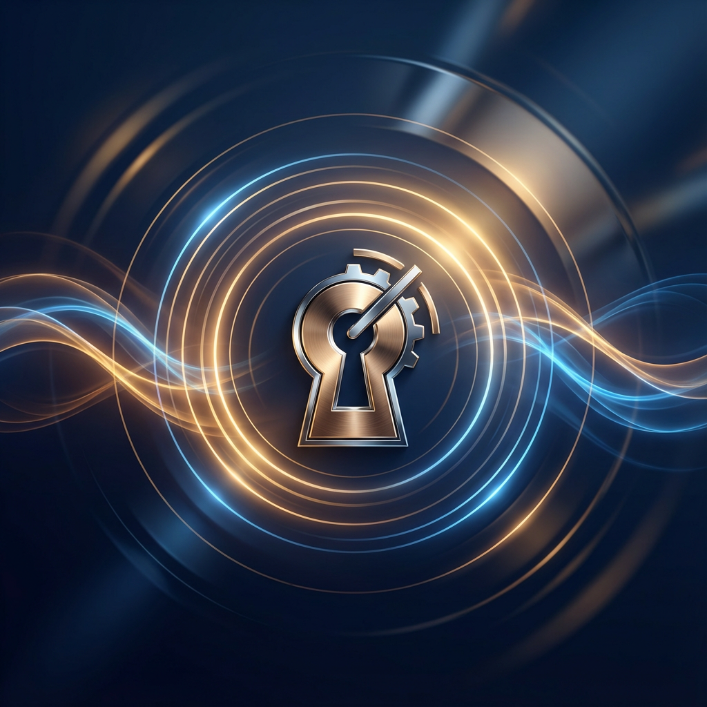 "빛의 흐름과 속도계를 형상화한 키홀 이미지로 우회와 문제 해결을 상징하는 기술적 그래픽"