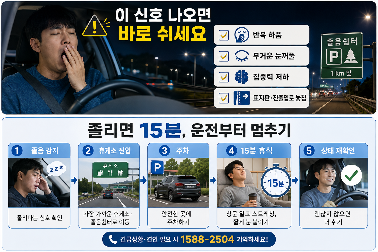 고속도로에서 졸음이 올 때 휴게소나 졸음쉼터에 진입해 15분 휴식 후 상태를 확인하는 순서