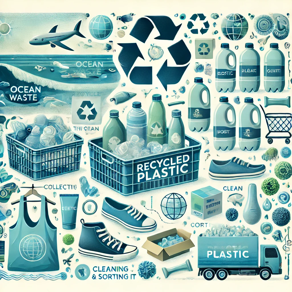 바다에 버려진 플라스틱과 그것을 활용해 만든 각종 제품을 표현한 이미지