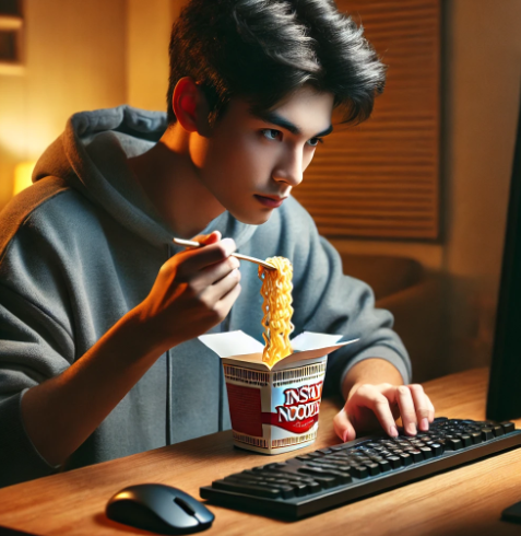 인스턴트 식사를 하는 20대 남성