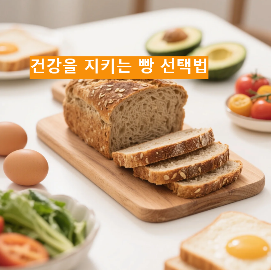 몸에 좋은 통밀빵과 과일이 놓은 사진