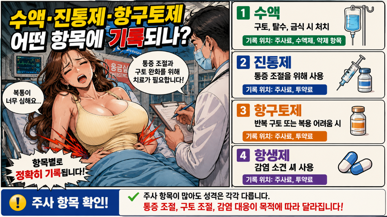 요로결석 응급실에서 수액, 진통제, 항구토제, 항생제가 주사료와 투약료 항목에 기록되는 구조를 설명한 옛날 만화 스타일 인포그래픽