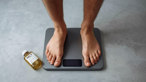 체중계 위에 서 있는 발을 클로즈업, 옆에는 MCT 오일 병이 놓여 있는 장면, 모던하고 미니멀한 배경