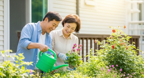 베란다 가드닝 중 함께 물주기하는 중년 부부