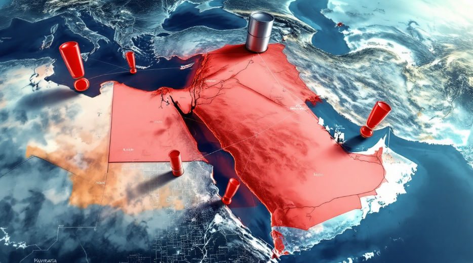 중동 지역의 에너지 공급망 위기와 지정학적 긴장을 나타내는 글로벌 지도 이미지