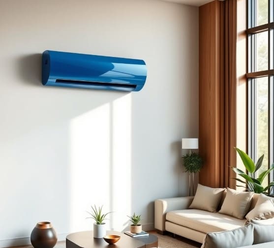 벽걸이형 파란색 에어컨입니다.