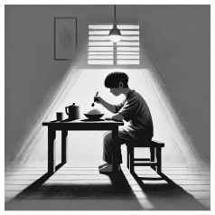 어두운 조명아래 혼자서 쓸쓸히 밥을 먹는 아이