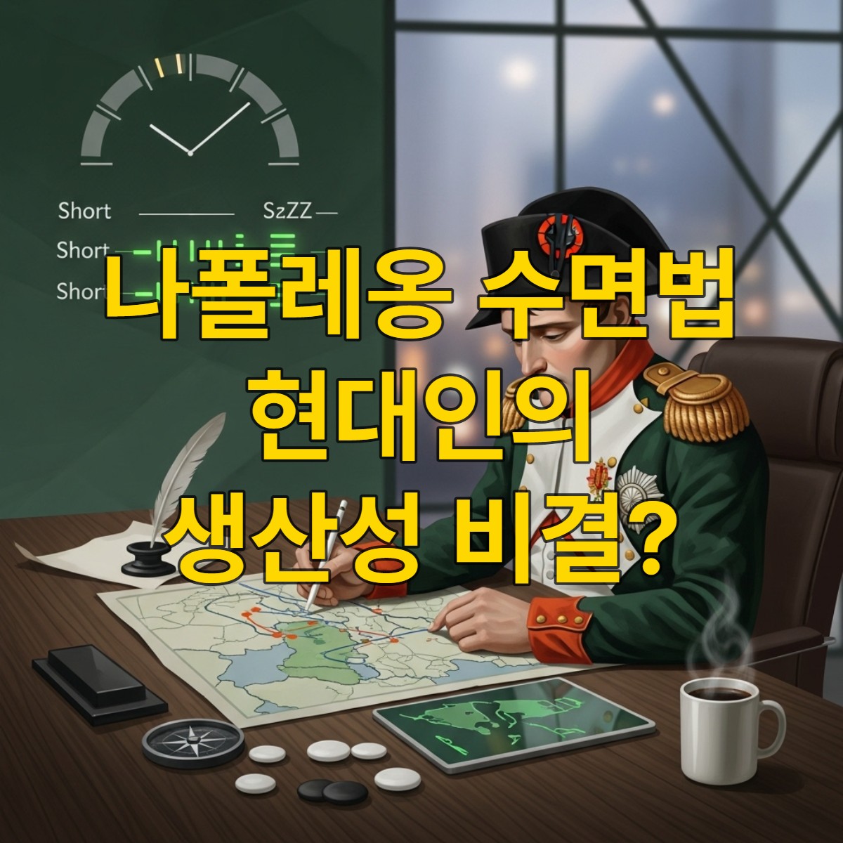 나폴레옹 수면법의 전략적 다상 수면 패턴과 현대적인 생산성을 상징하는 이미지.