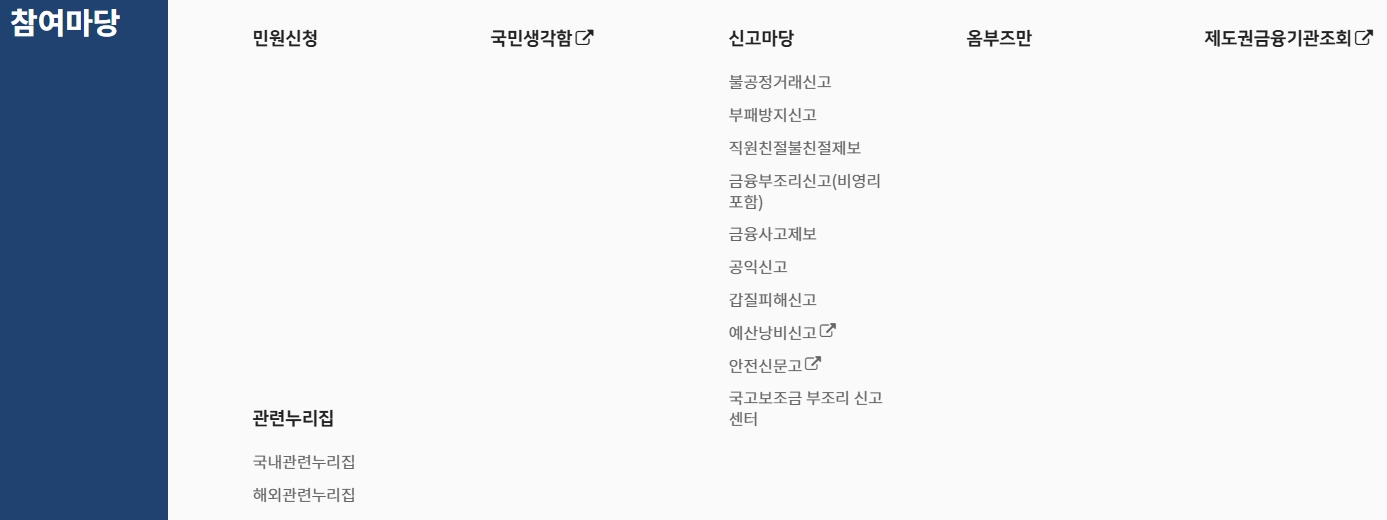 참여마당 메뉴를 통해 민원을 신청하거나 국민 참여 게시판을 이용하는 화면