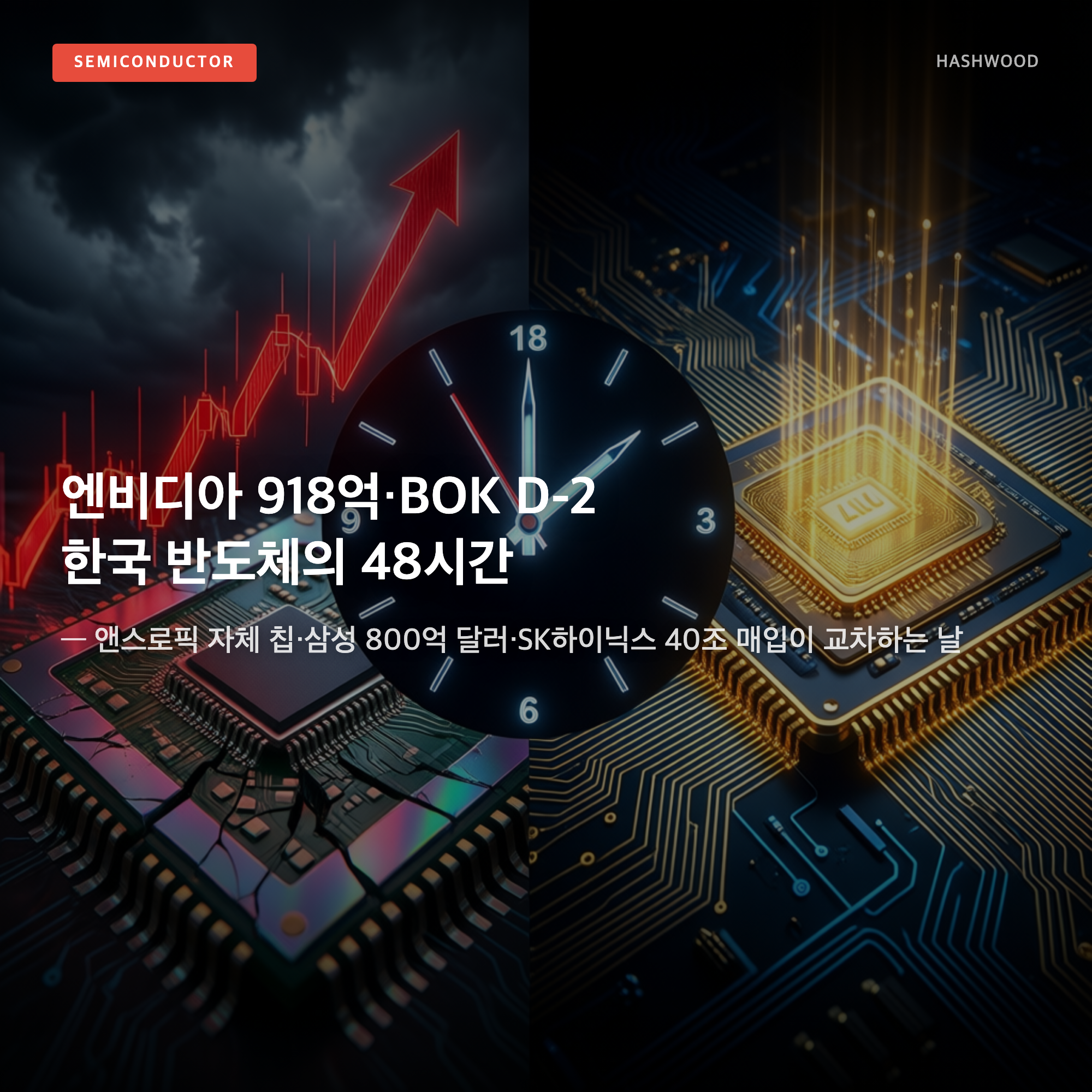 그림: 엔비디아 918억·BOK D-2 한국 반도체의 48시간 — — 앤스로픽 자체 칩·삼성 800억 달러·SK하이닉스 40조 매입이 교차하는 날