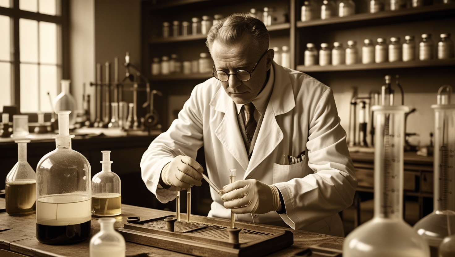 1930년대 독일 실험실에서 과학자가 염료를 실험하는 모습