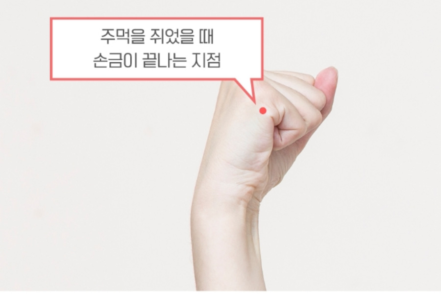 인체의 365혈 중에서 손에 있는 혈자리인 후계혈의 위치인 주먹을 쥐었을 때 손금이 끝나는 지점이라는 것을 자세히 설명을 해주고 있는 사진
