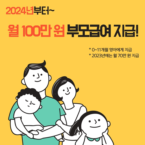2024년부터 월 100만원 부모급여 지급, 0~11개월 영아에게 지급, 2023년에는 월 70만원 지급