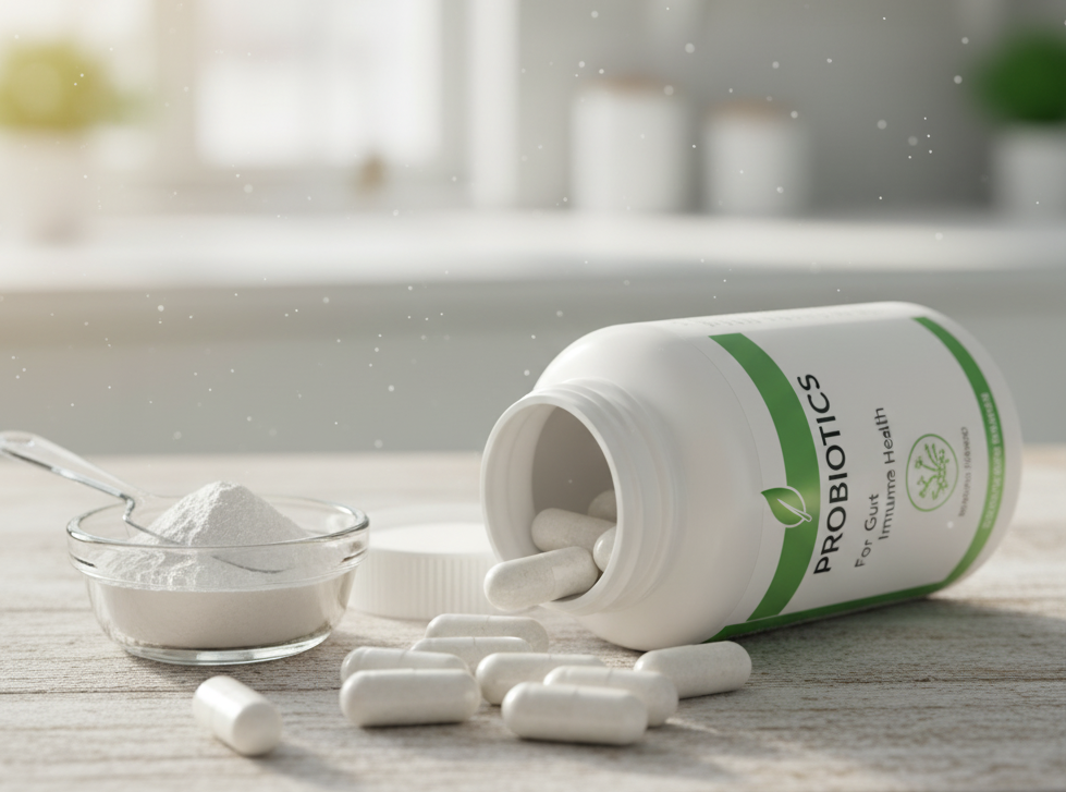 프로바이오틱스 캡슐과 분말 형태의 유산균 보충제
