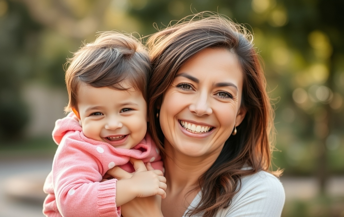 아기를 안고있는 엄마의 행복하게 웃고있는 이미지