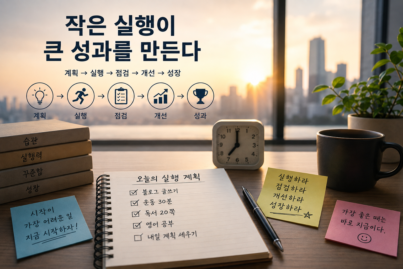 성공한 사람들의 습관과 실행력을 높이는 방법을 표현한 생산성 이미지