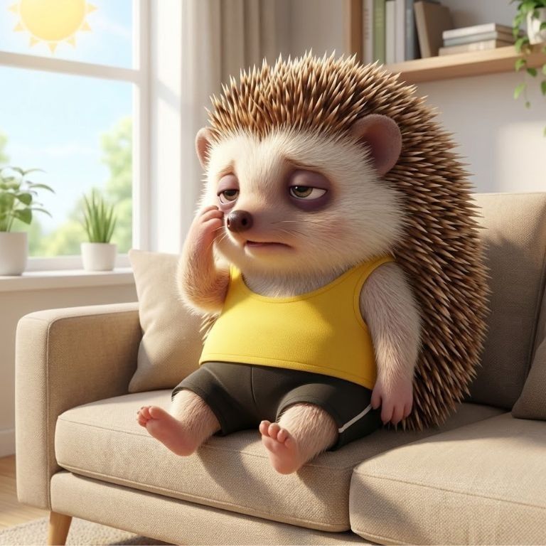 생리통에 밤새 잠을 못자 눈이 피곤한 도치씨의 모습