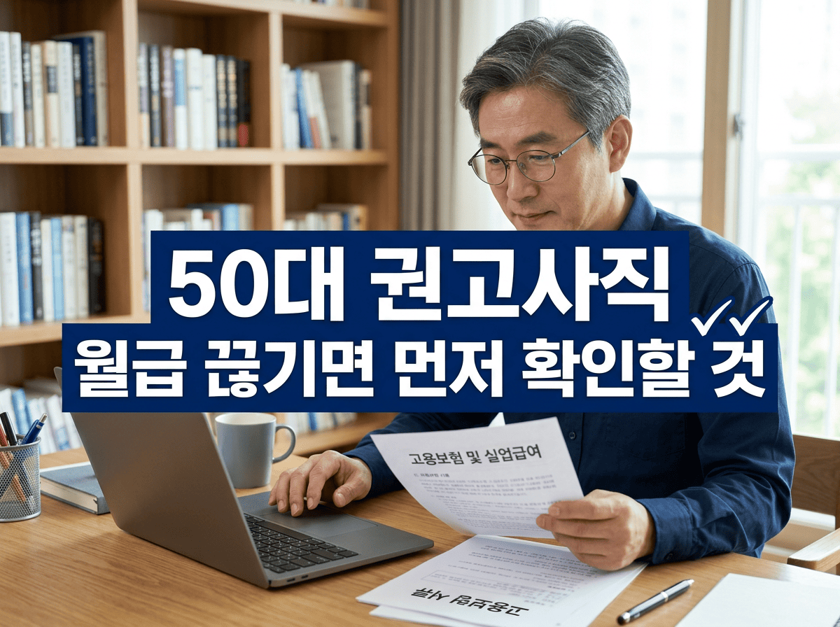 퇴직 서류와 노트북을 앞에 두고 재취업 준비 사항을 확인하는 50대 한국 직장인