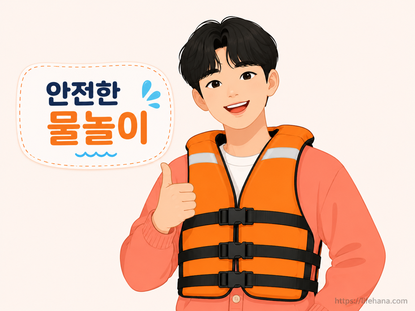 여름 물놀이 안전을 위해 구명조끼를 착용한 친근한 캐릭터의 모습