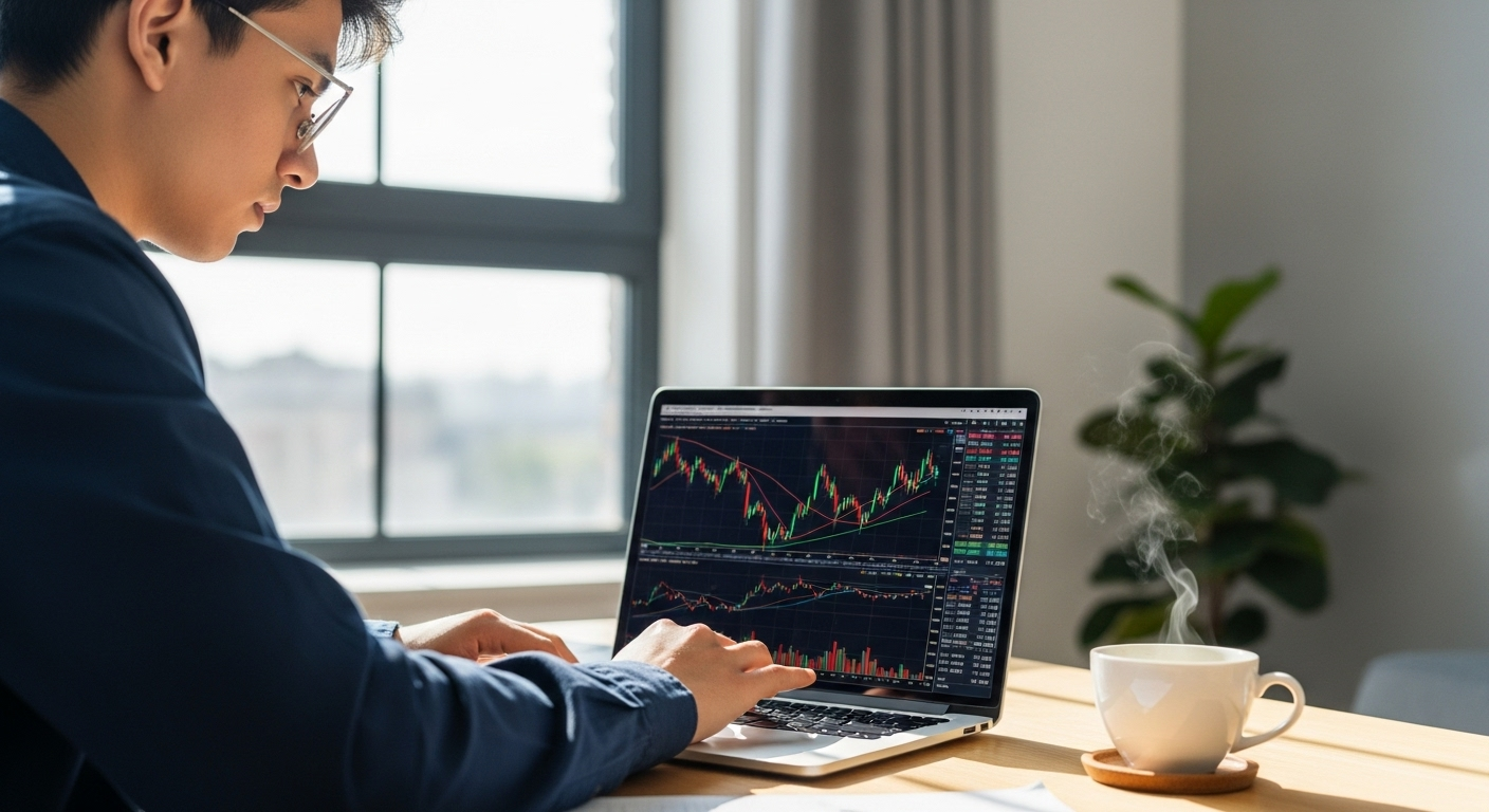 주식을 처음 배우는 초보 투자자가 노트북으로 차트를 공부하는 모습