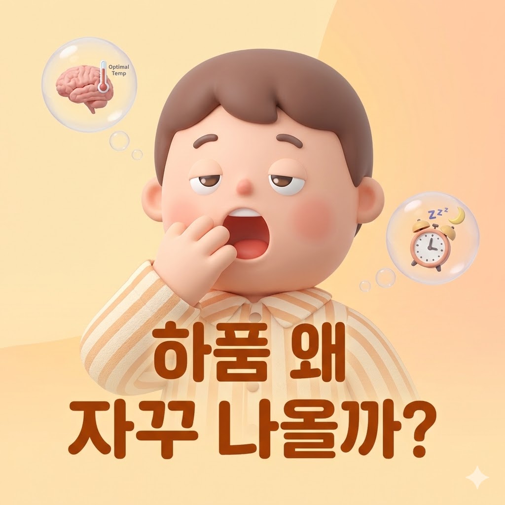 하품하는 귀여운 캐릭터와 함께 '하품 왜 자꾸 나올까?'라는 문구가 있는 3D 카툰 일러스트. 뇌 건강과 수면 습관의 중요성을 은유적으로 표현.