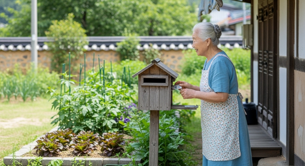 시골 할머니가 우편함 확인하는 장면