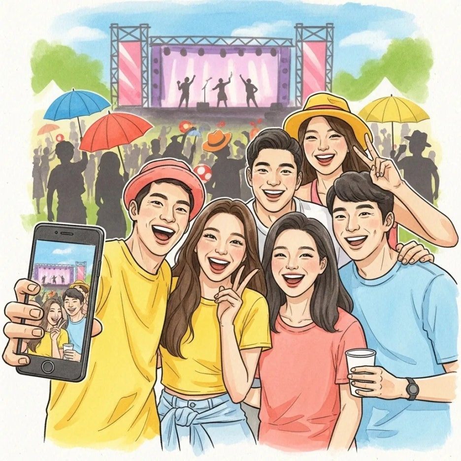 친구들과 함께 즐겁게 사진을 찍는 관람객들