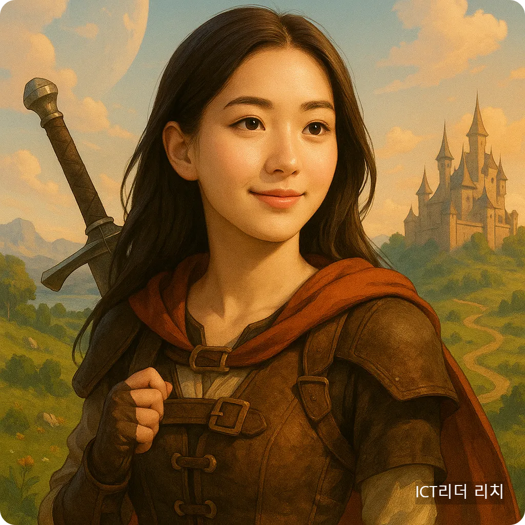 RPG 판타지 세계를 배경으로 한 여성 전사 캐릭터의 클로즈업 썸네일 이미지