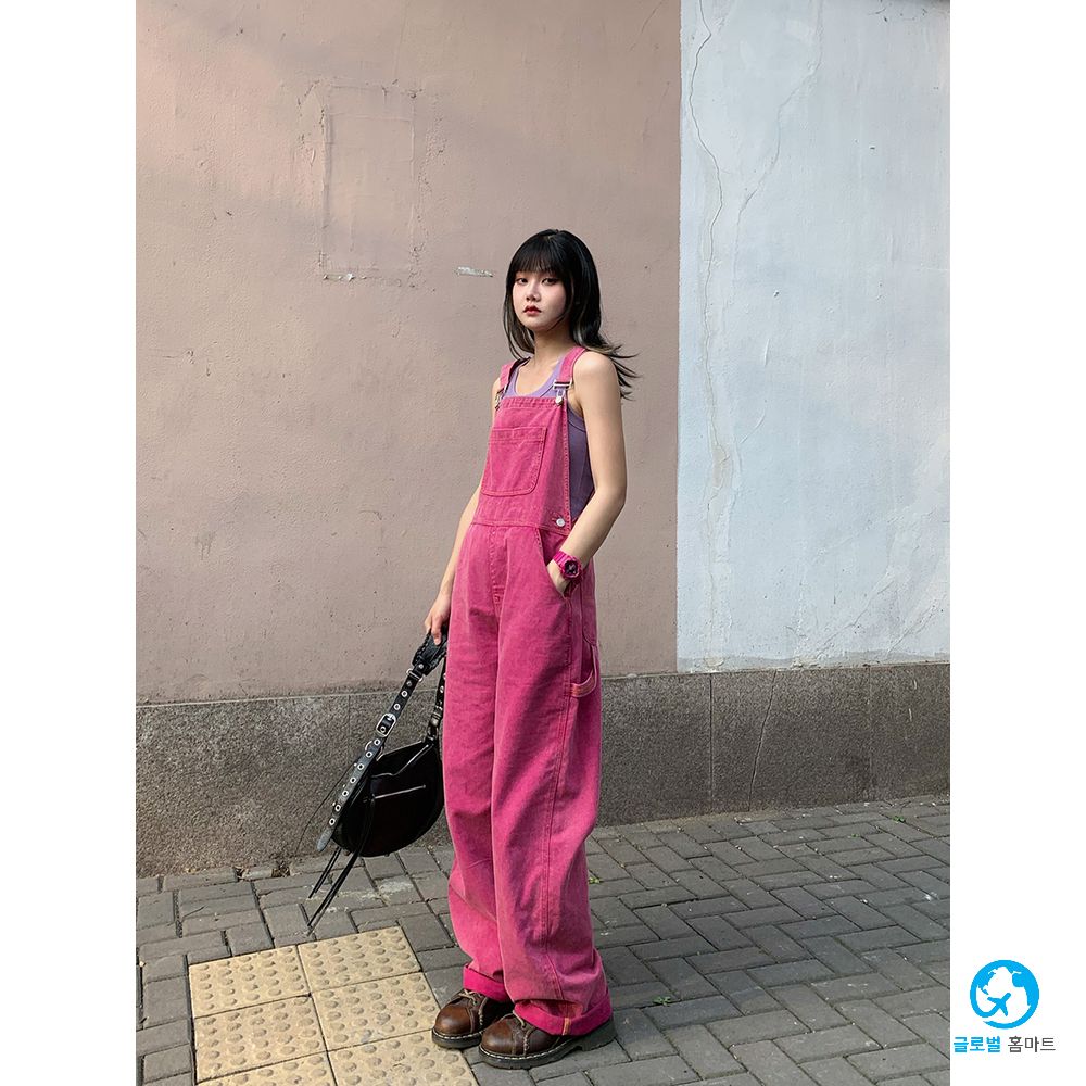 zopiclone 핑크 멜빵바지 와이드 통근 팬츠 힙합 데일리 캐주얼 러블리