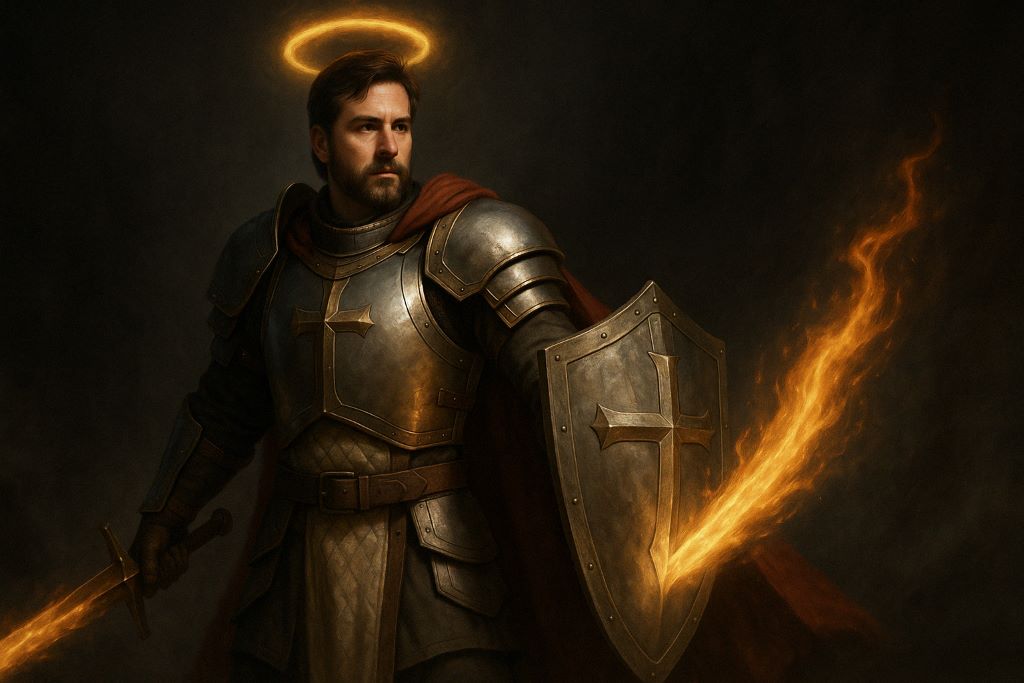 실사풍의 팔라딘 캐릭터가 불꽃이 타오르는 방패와 성스러운 검을 들고 전장에 선 모습, 라스트 에포크 시즌2 인기 직업 블리드 해머딘 콘셉트