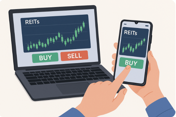 노트북과 스마트폰으로 해외 리츠를 거래하는 장면