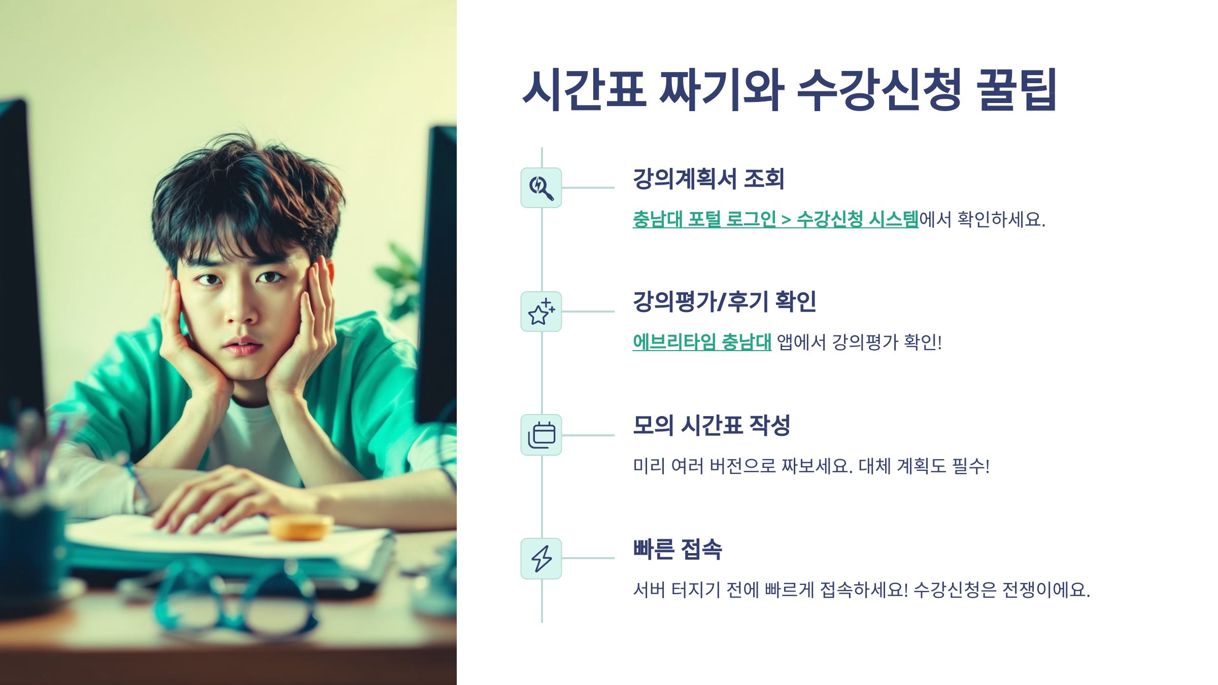 수강신청을 하기 위해 남학생이 컴퓨터 앞에 앉아 있는데, 잘 안되는지 두손으로 얼굴 뺨을 감싸고 있는 이미지