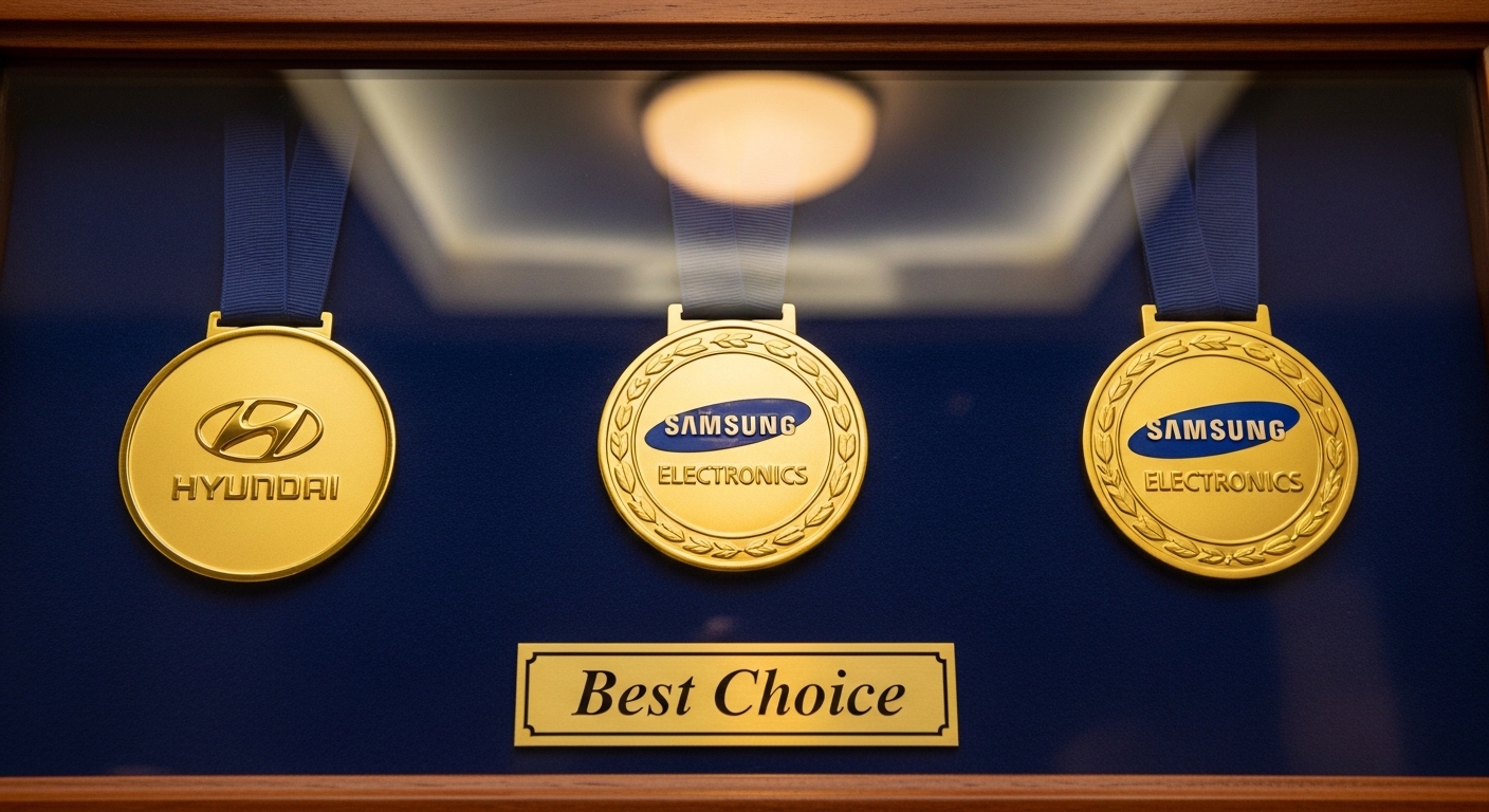 Gold medals with Hyundai and Samsung Electronics logos in a display case, with a 'Best Choice' plaque below.