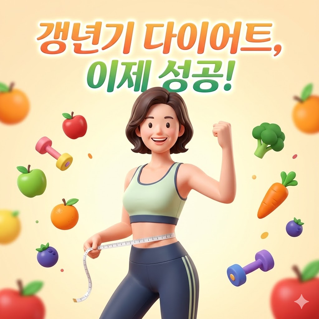 활기차게 웃는 갱년기 여성과 '갱년기 다이어트, 이제 성공!' 문구가 적힌 3D 카툰 일러스트.