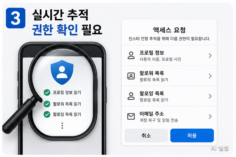 인스타 언팔 데이터 비교 방식과 외부 로그인 요구 상황을 비교하는 이미지